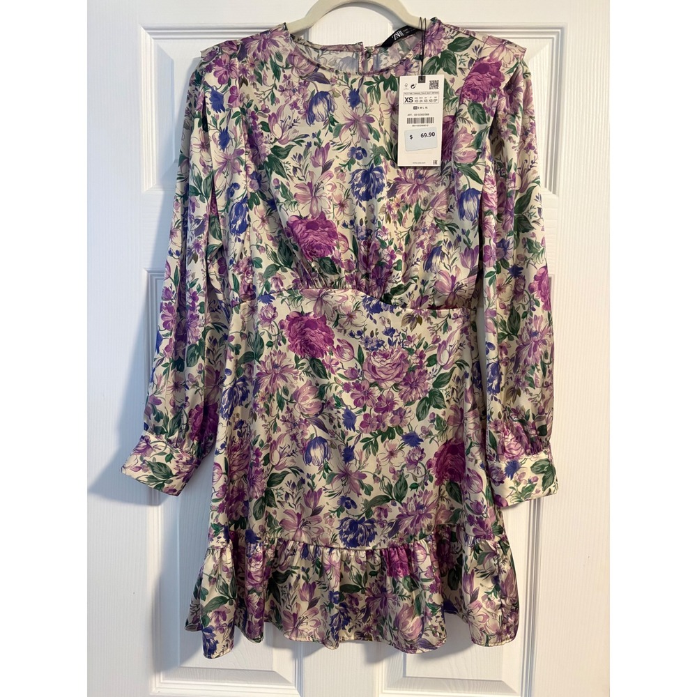 NWT Zara Floral Print Mini Dress Purple Blue Long Sleeve Ruffle Hem 8310/332 XS